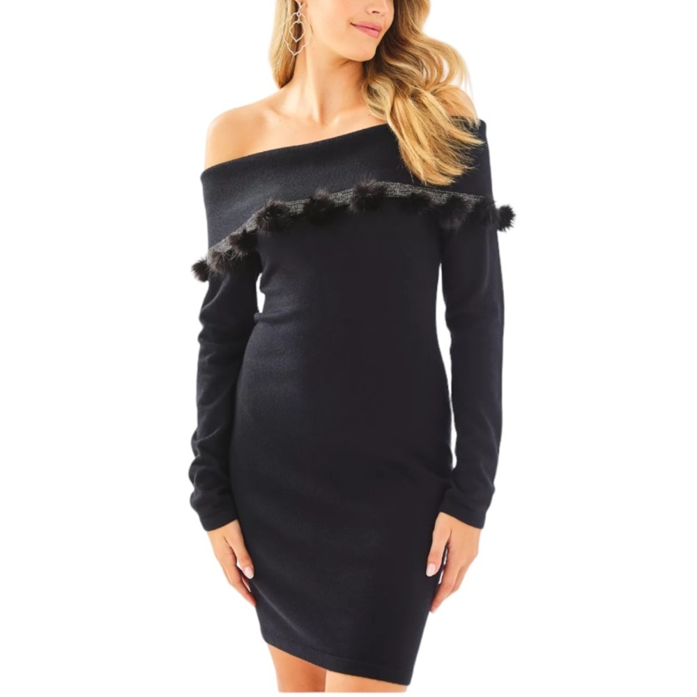 Lily Pulitzer Dunham Off-the-shoulder Black Sweater Dress In Black Size Small